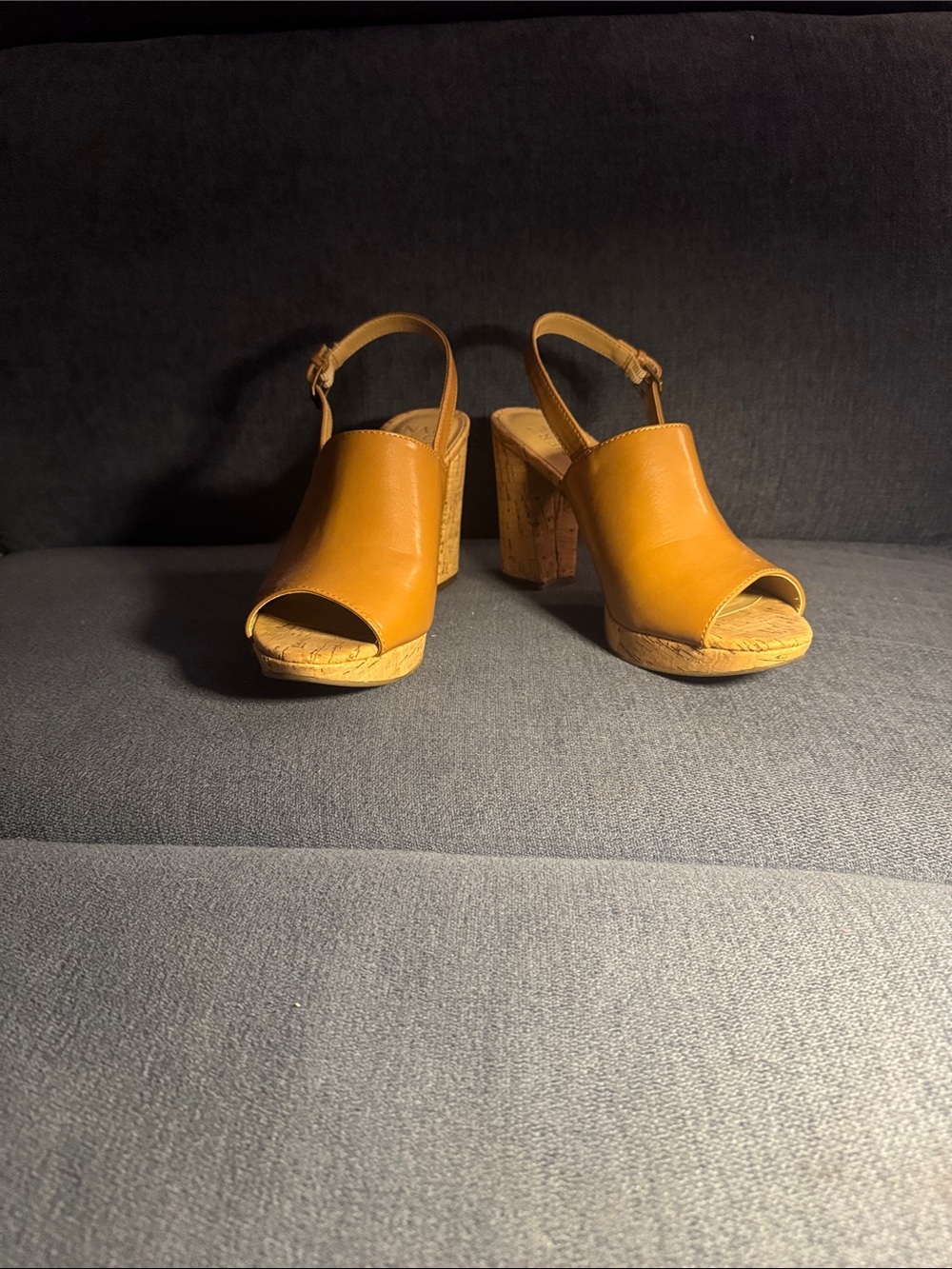 Naturalizer Mustard Tan Cork Block Heel Slingback Wedges